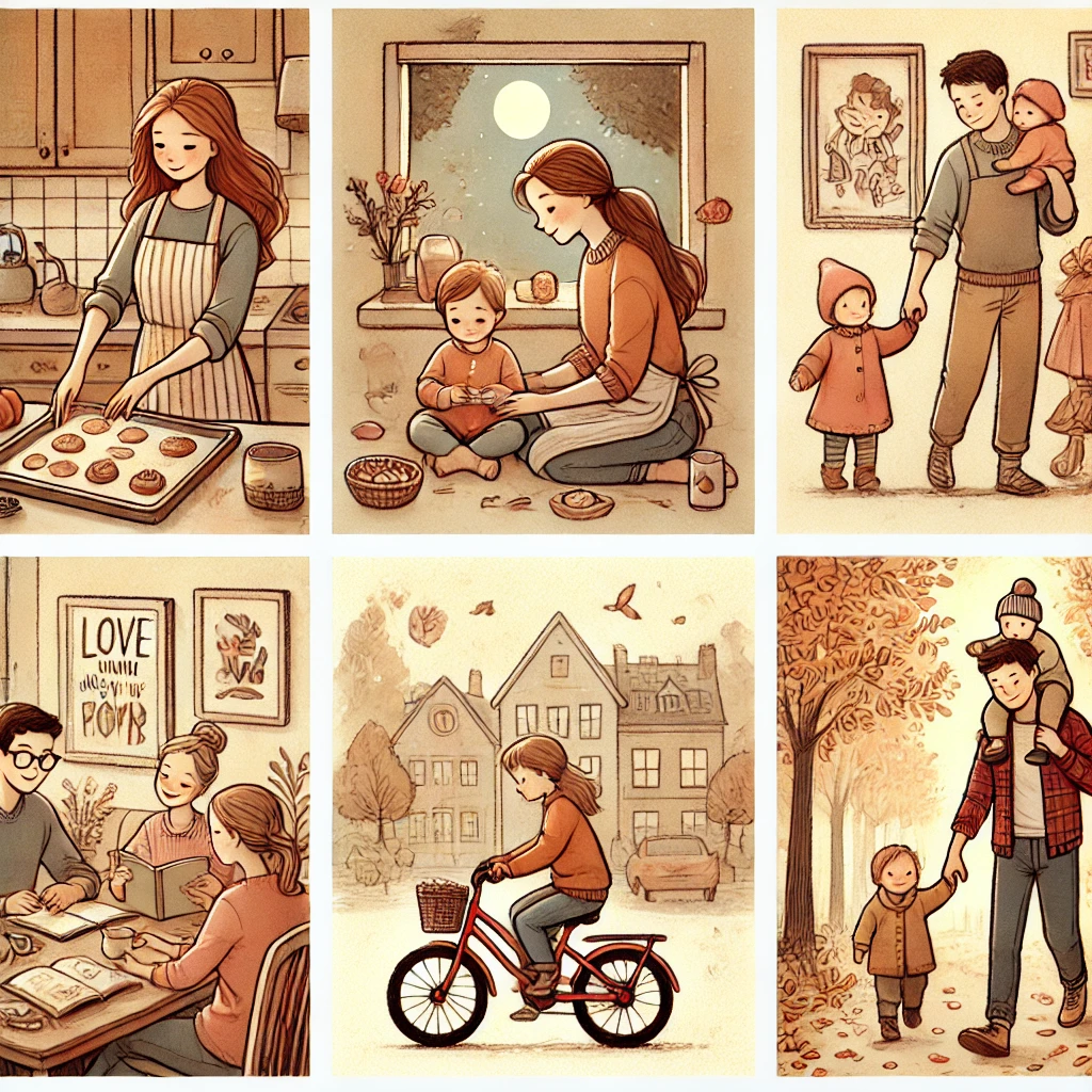 Collage di illustrazioni disegnate a mano che mostrano vari momenti affettuosi tra genitori e figli in situazioni quotidiane, come cucinare insieme, leggere e passeggiare in un parco autunnale.